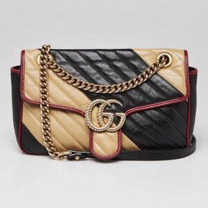 Gucci Black/Red/Beige Quilted Leather Marmont Torchon Small Flap Bag